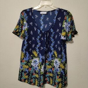 Star Vixen Short Sleeve Navy Floral Blouse Size Medium